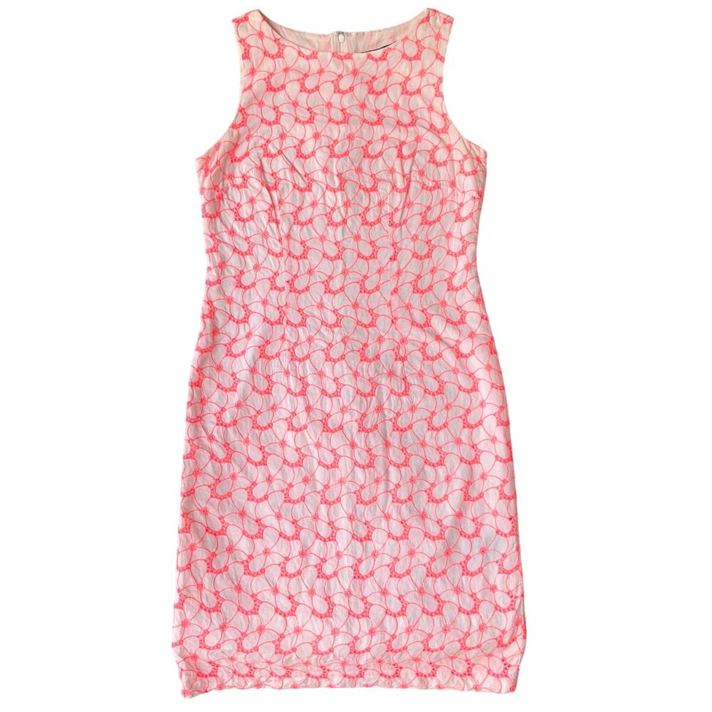 Leslie Fay Women Sleeveless Embroidered Knee Length Dress size 6, Hot Pink White